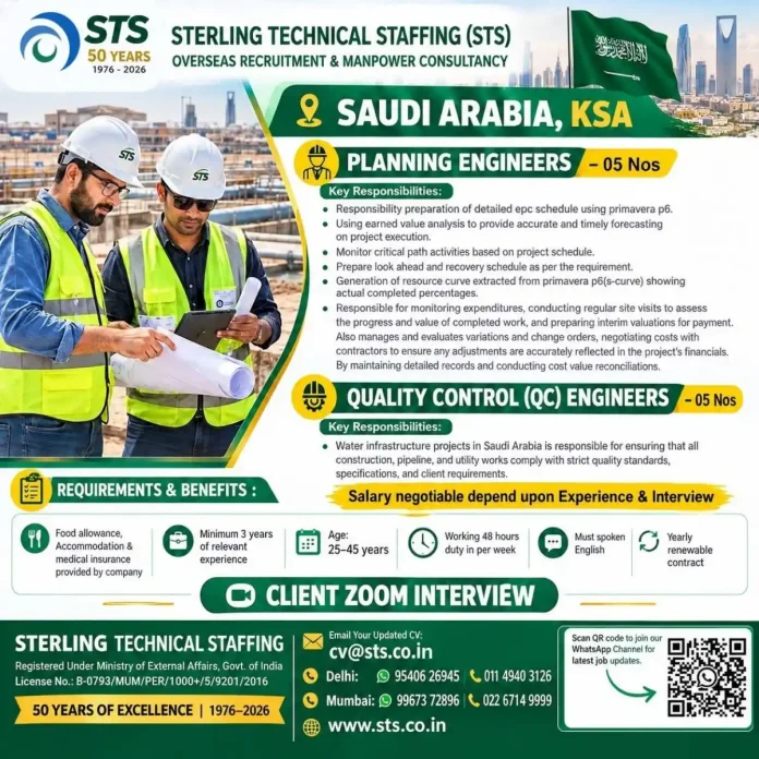 Planning Engineer and QC Engineer jobs in Saudi Arabia with STS Sterling Technical Staffing