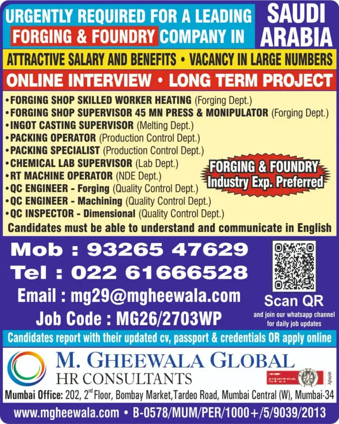 Forging and foundry jobs in Saudi Arabia with M. Gheewala Global HR Consultants