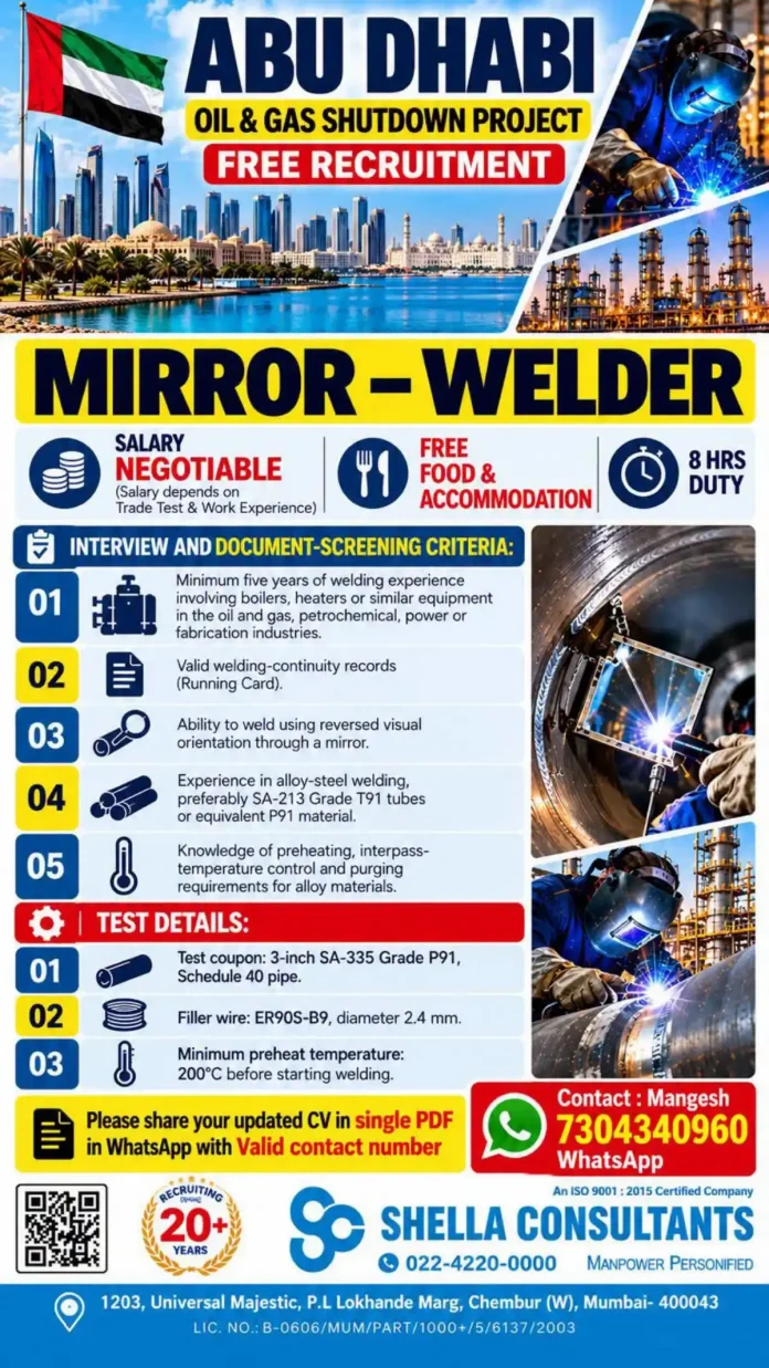 Mirror Welder Job Abu Dhabi Oil and Gas Shutdown Project Free Recruitment