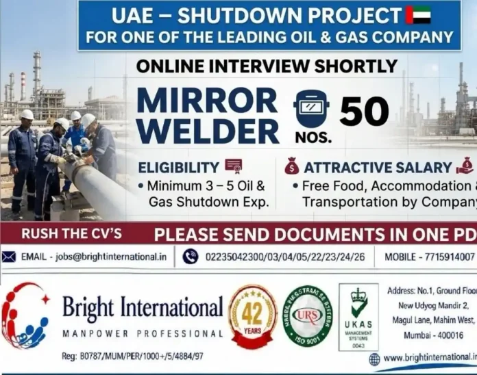 Mirror welder working on a UAE oil and gas shutdown project