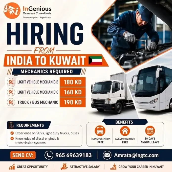 Mechanic jobs in Kuwait from India with InGenious Overseas Consultants