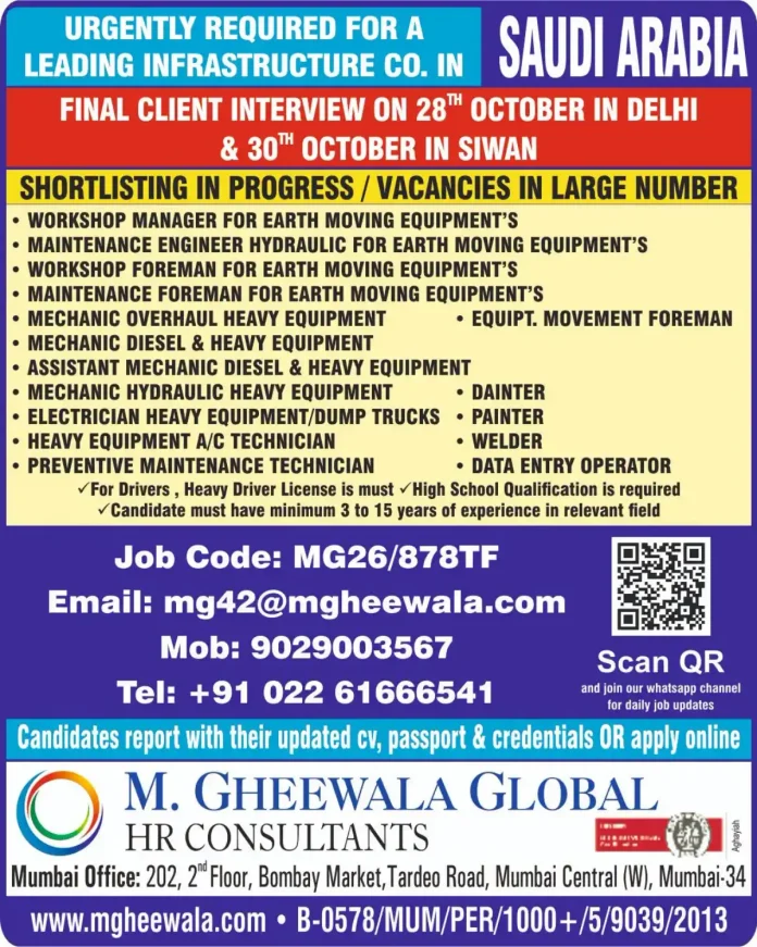 Saudi Arabia infrastructure jobs for workshop manager and heavy equipment mechanics