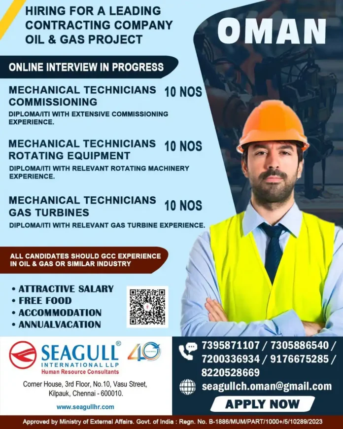 Mechanical technicians for oil and gas project in Oman