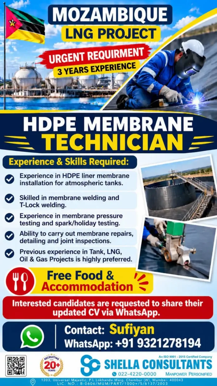 HDPE Membrane Technician recruitment for Mozambique LNG Project