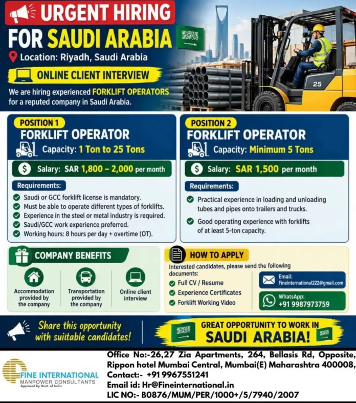 Forklift operator jobs in Riyadh Saudi Arabia – urgent hiring