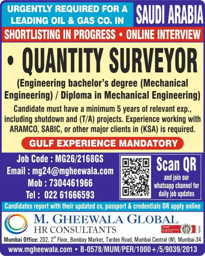 Quantity Surveyor Saudi Arabia oil and gas job at M. Gheewala Global HR Consultants