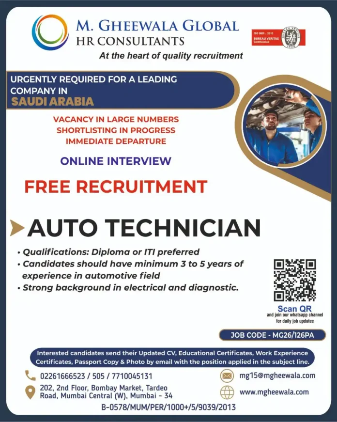 Auto Technician job vacancy in Saudi Arabia with free recruitment by M. Gheewala Global HR Consultants