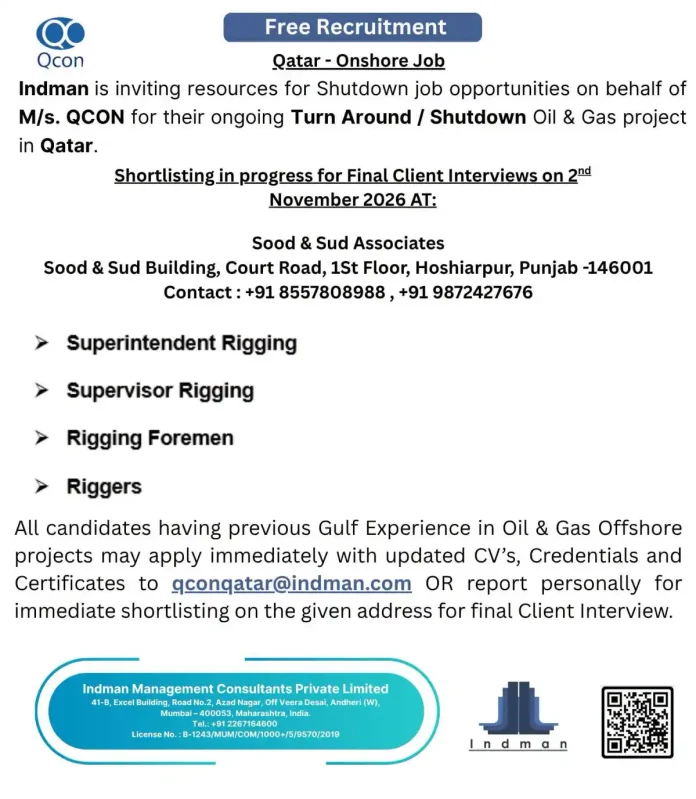 QCON Qatar shutdown oil and gas rigging jobs 2026 - Indman free recruitment