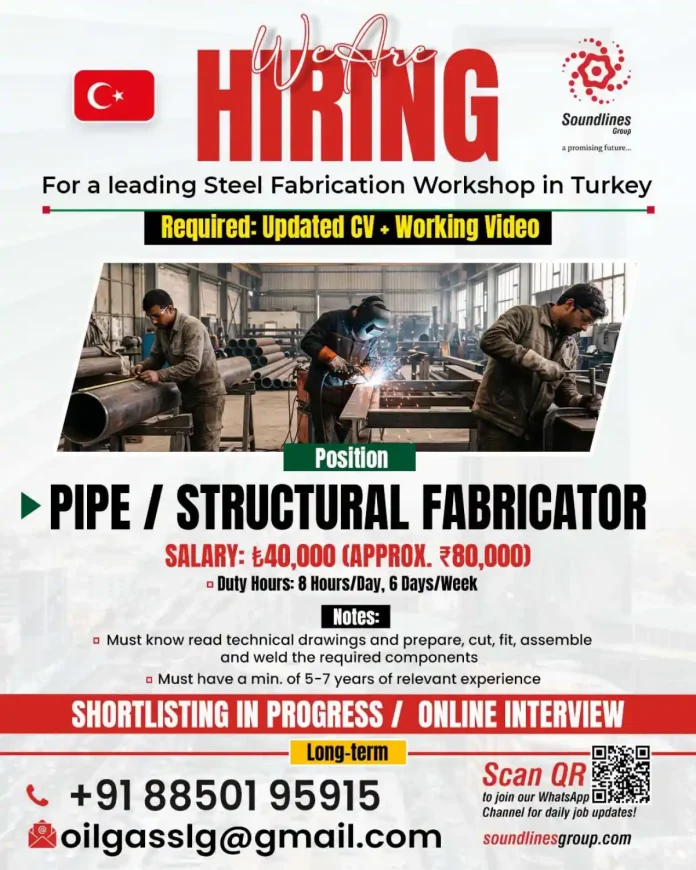 Pipe Structural Fabricator job in Turkey at steel fabrication workshop