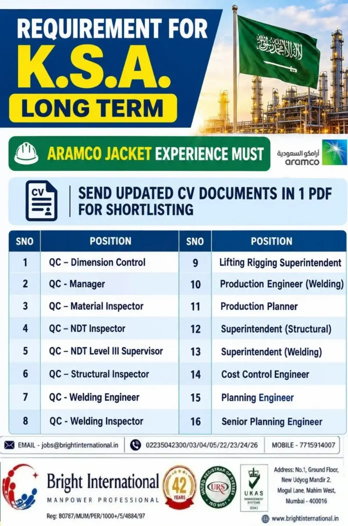Aramco Jacket project jobs in Saudi Arabia by Bright International