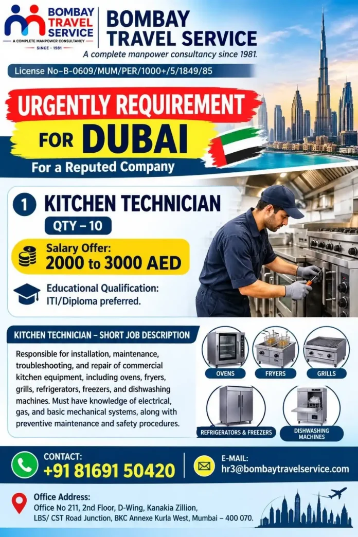 Kitchen Technician job in Dubai – commercial kitchen equipment maintenance and repair