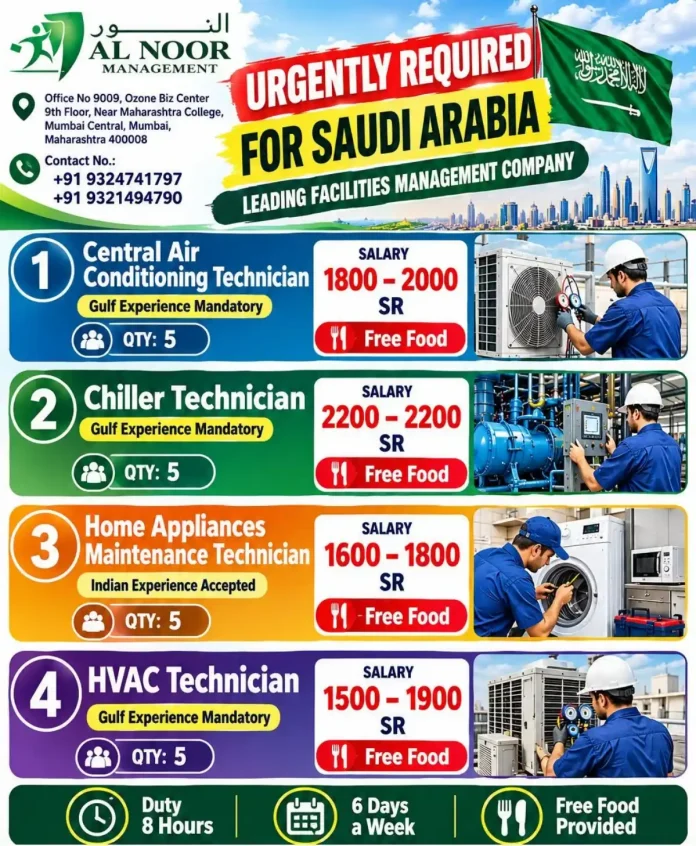 Al Noor Management urgent facilities management jobs in Saudi Arabia for AC, chiller, HVAC and maintenance technicians