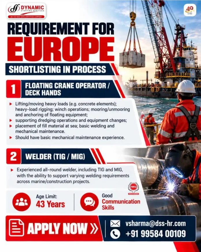 Dynamic Staffing Services hiring Floating Crane Operator Deck Hand and TIG MIG Welder for Europe