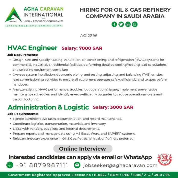 HVAC Engineer and Administration Logistic jobs in Saudi Arabia oil and gas refinery