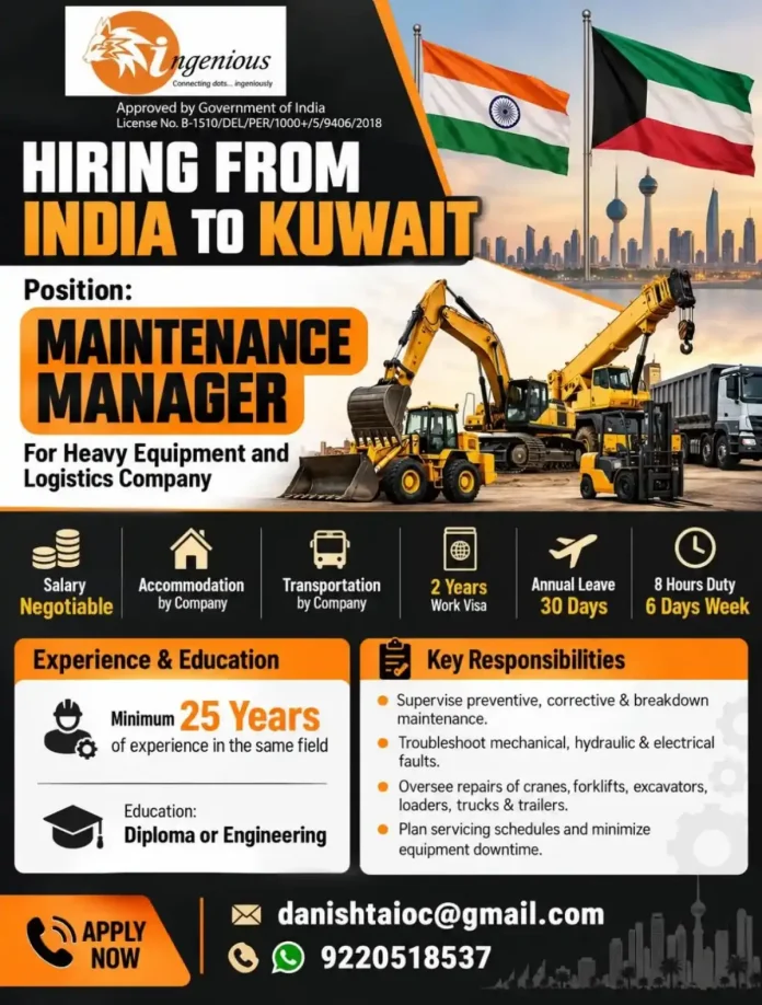 Maintenance Manager job in Kuwait for heavy equipment and logistics company