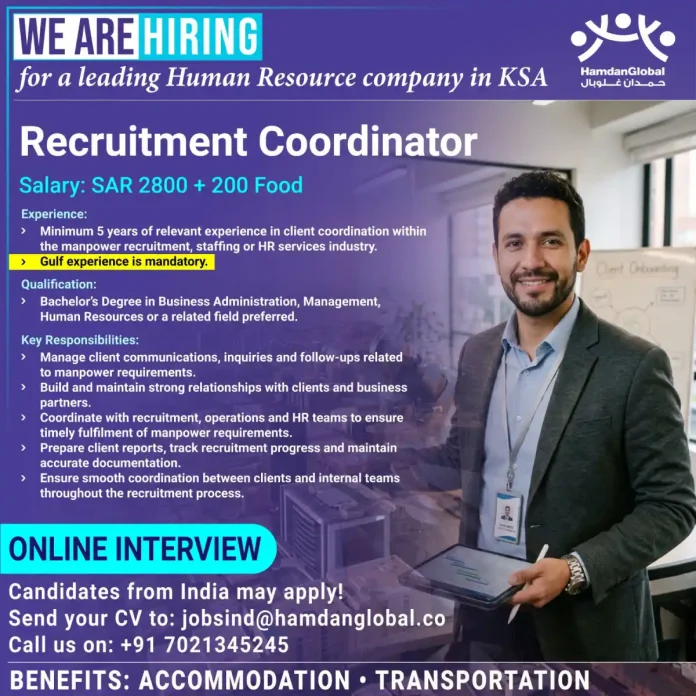 Recruitment Coordinator job vacancy in KSA with HamdanGlobal