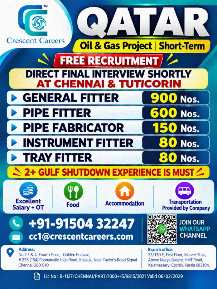Crescent Careers Qatar oil and gas shutdown recruitment for fitters and fabricators