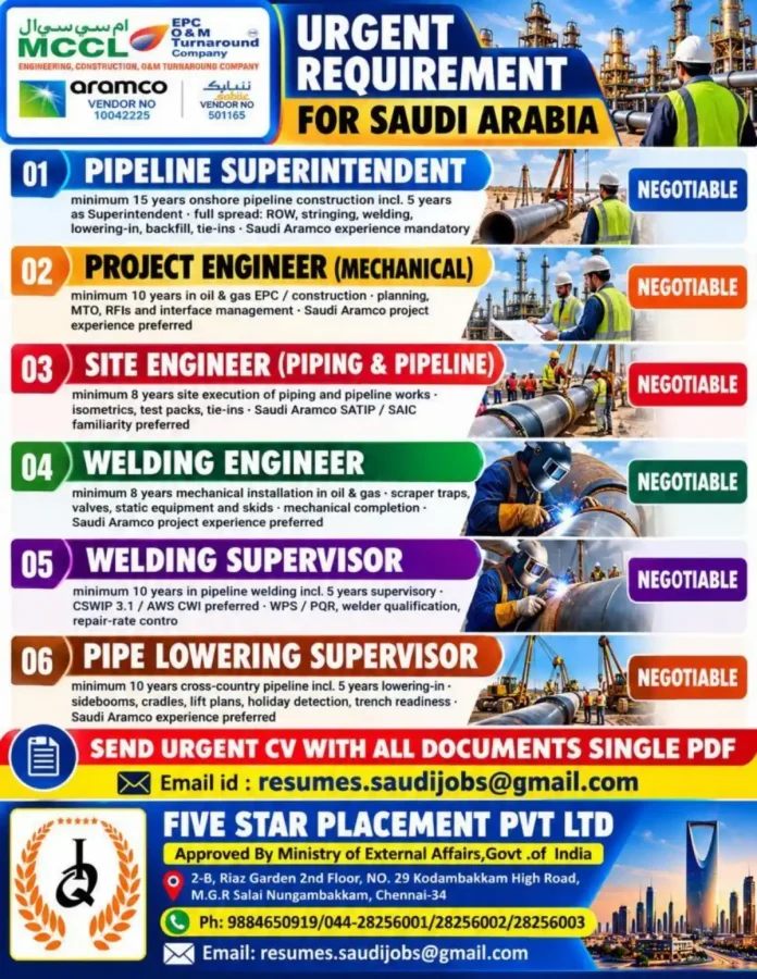 Five Star Placement Saudi Arabia Pipeline Jobs