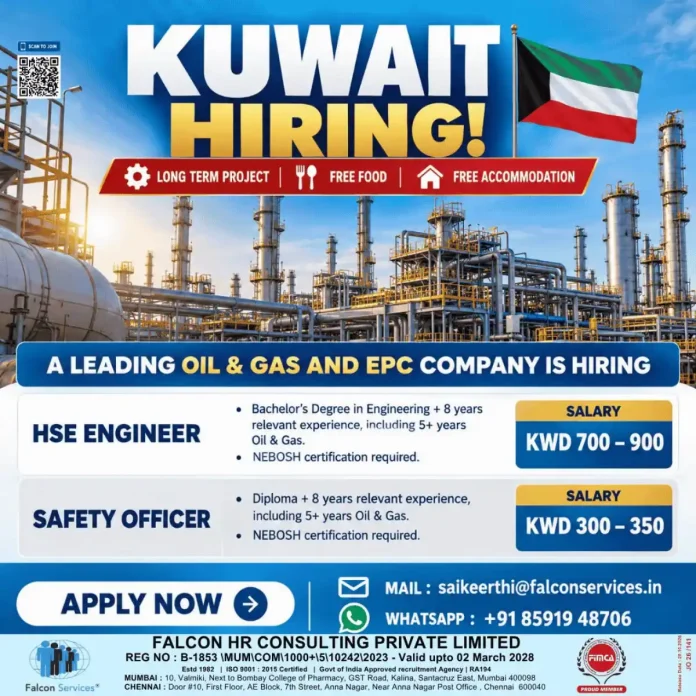 Kuwait oil and gas HSE Engineer and Safety Officer job vacancy with free food and accommodation