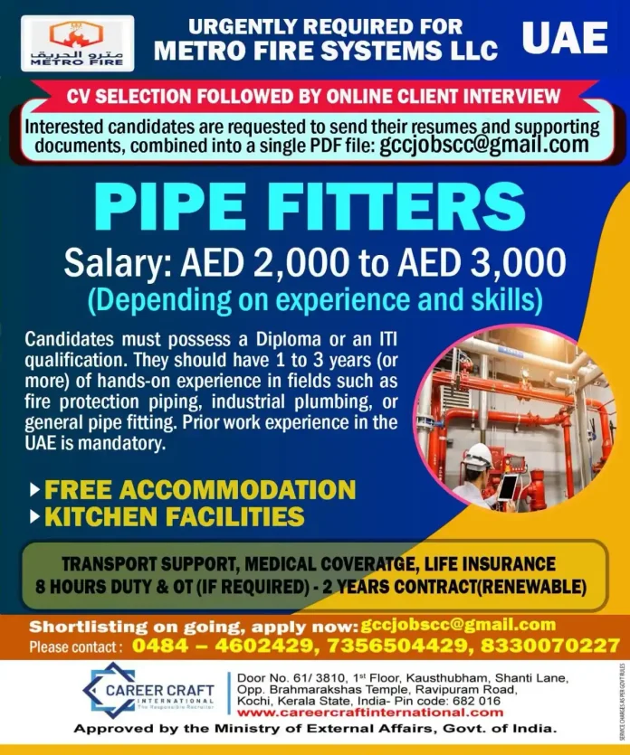 Pipe Fitters job in UAE at Metro Fire Systems LLC with Career Craft International