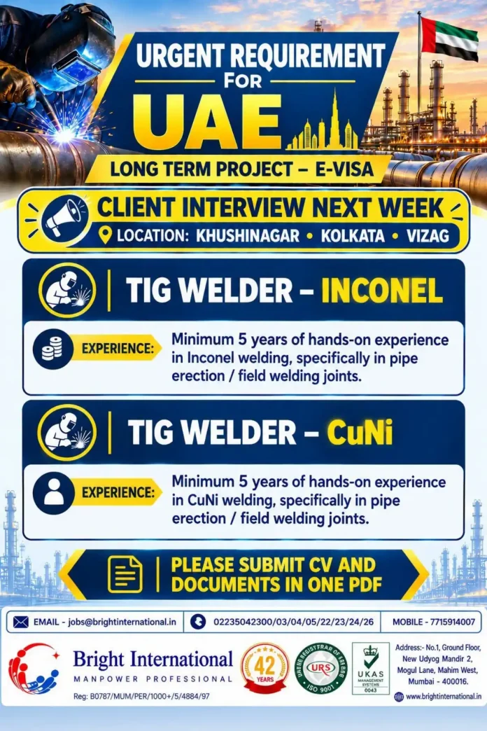 TIG welder working on Inconel and CuNi pipes for UAE job vacancy