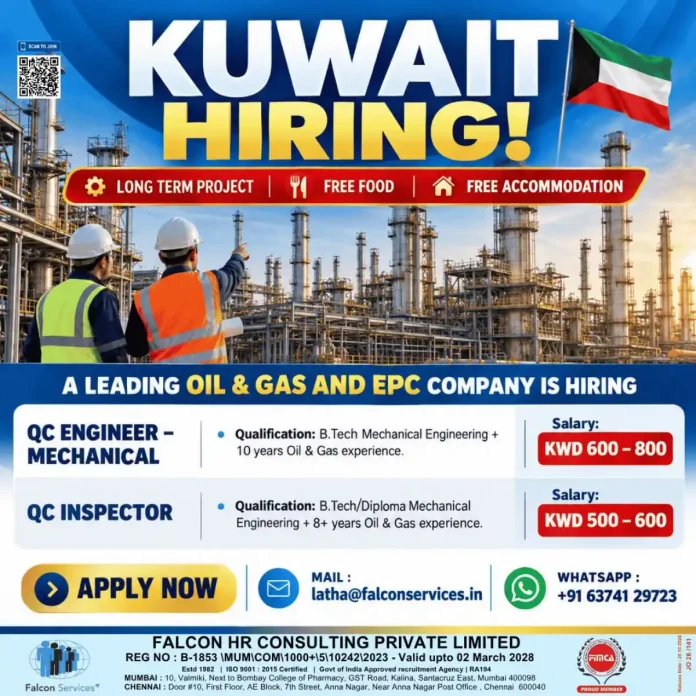 QC Engineer Mechanical and QC Inspector job vacancy in Kuwait with free food and accommodation
