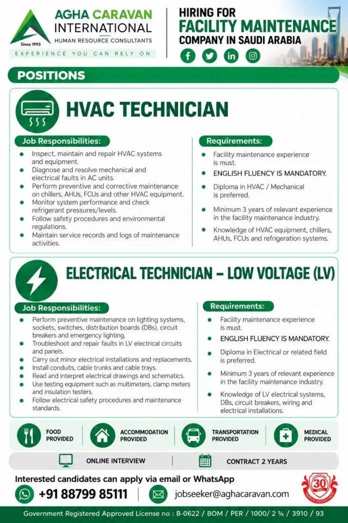 Facility maintenance jobs in Saudi Arabia – Agha Caravan hiring HVAC and electrical technicians