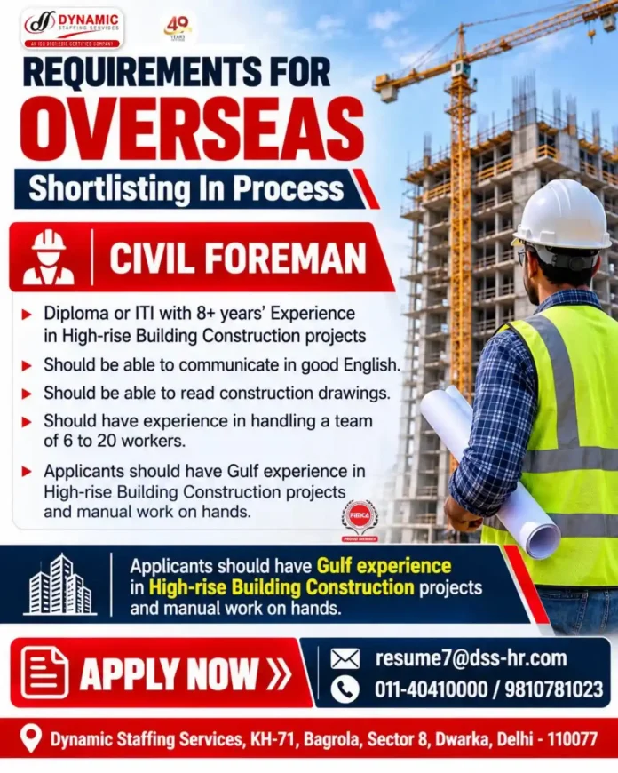Civil Foreman overseas job recruitment for high-rise building construction