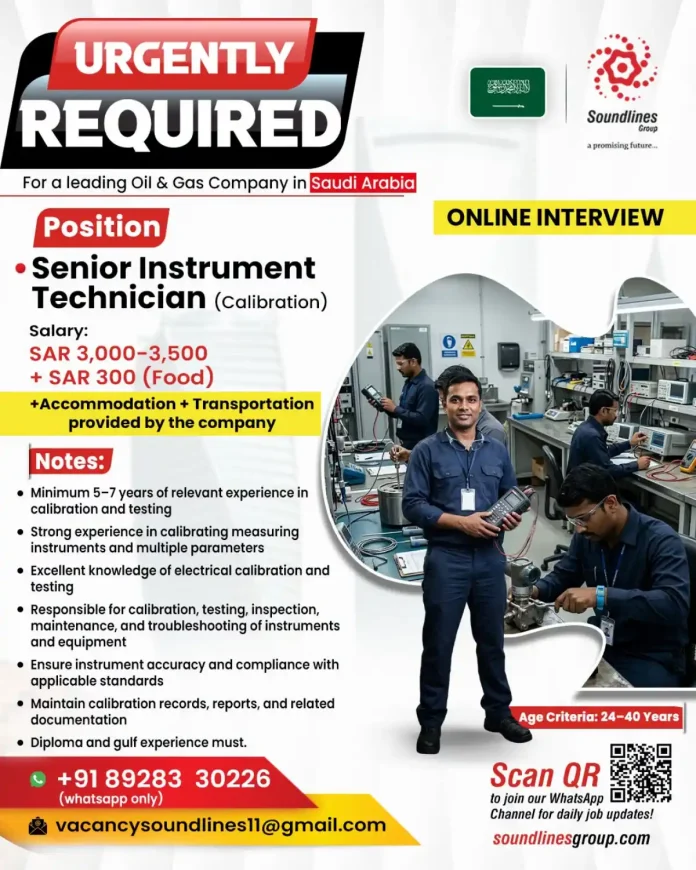 Senior Instrument Technician Calibration job in Saudi Arabia with Soundlines Group