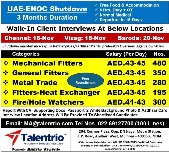 UAE ENOC shutdown jobs 2026 recruitment for Mechanical Fitters, General Fitters and Fire Watchers