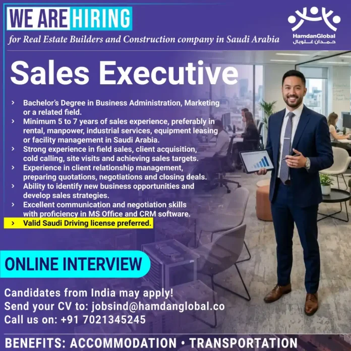 Sales Executive job vacancy in Saudi Arabia for real estate and construction company