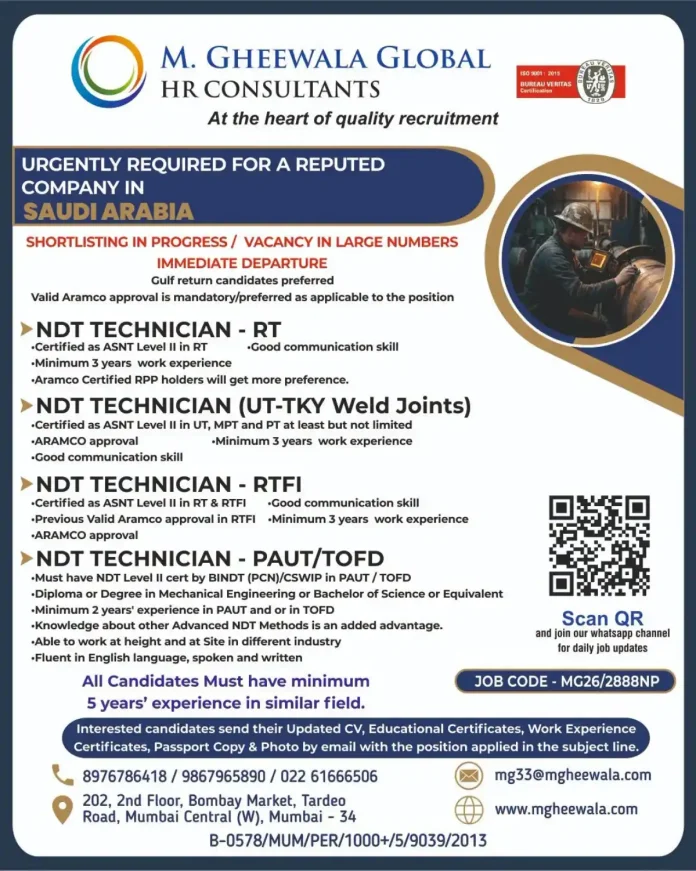 NDT Technician jobs in Saudi Arabia with M. Gheewala Global HR Consultants