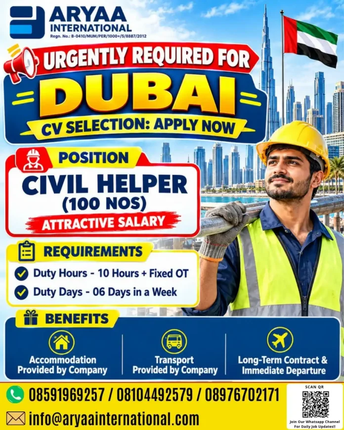 Civil Helper jobs in Dubai with 100 vacancies by ARYAA International