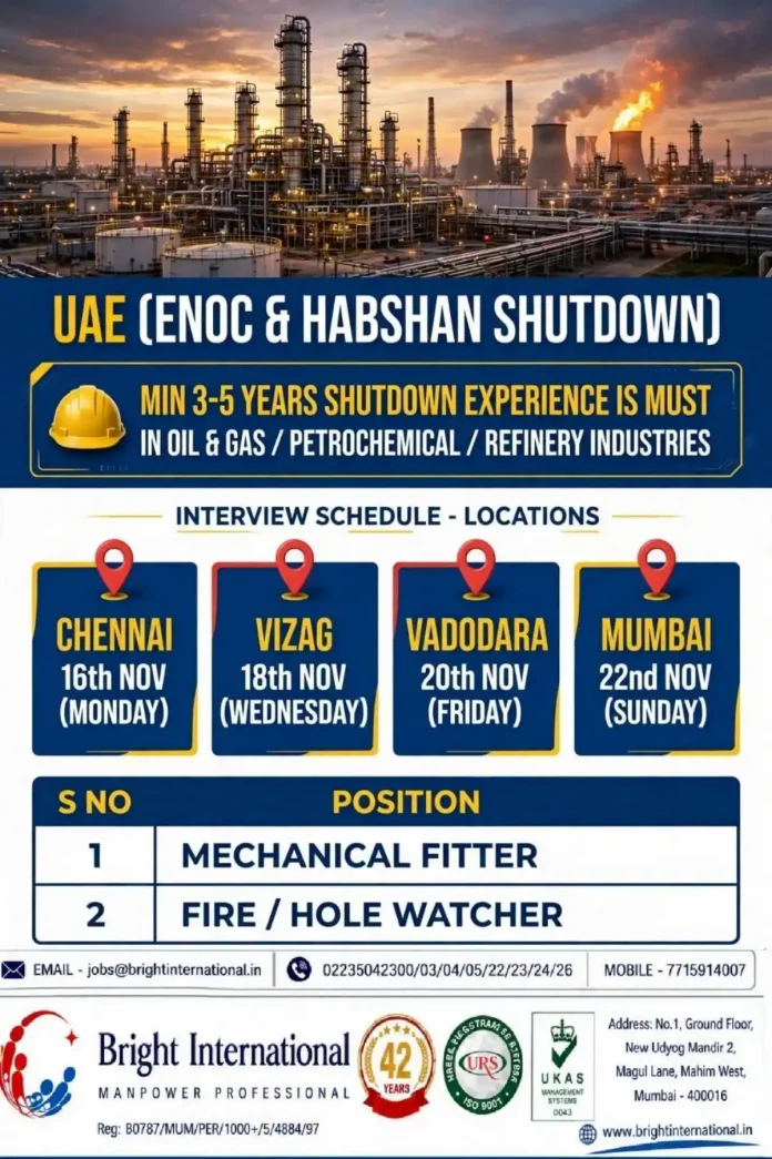 UAE ENOC and Habshan shutdown jobs walk-in interview for Mechanical Fitter and Fire Hole Watcher