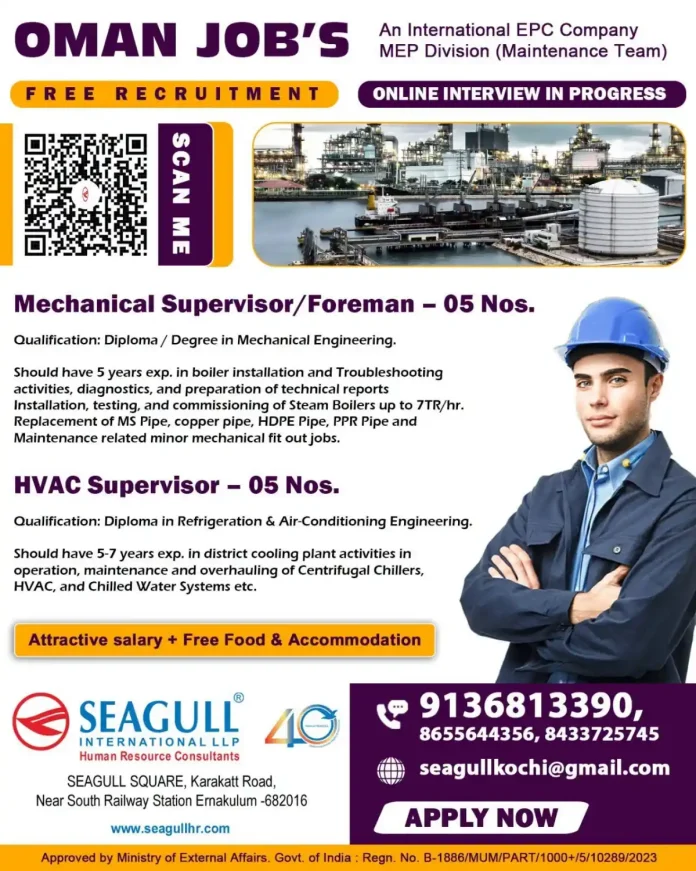 Oman jobs for Mechanical Supervisor and HVAC Supervisor with free recruitment