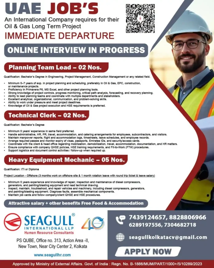 UAE Oil & Gas jobs hiring Planning Team Lead Technical Clerk Heavy Equipment Mechanic by Seagull International