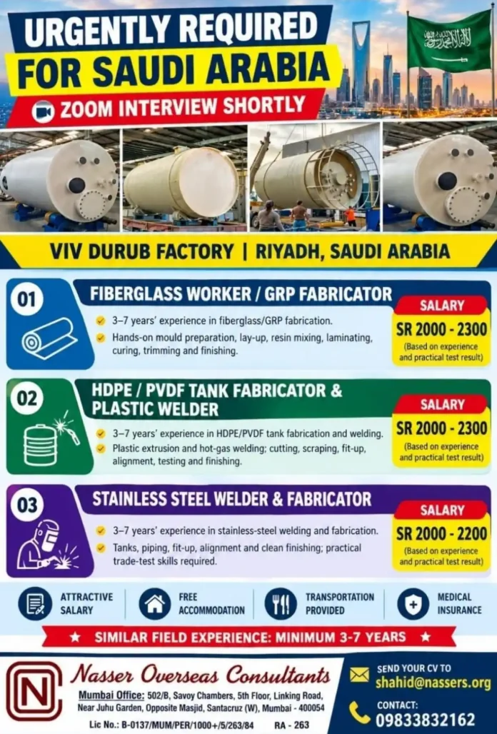 Fiberglass, HDPE/PVDF, and stainless steel fabrication jobs in Riyadh, Saudi Arabia