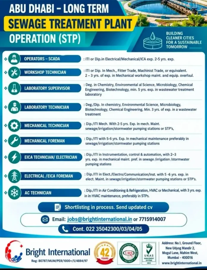 STP Operator and Sewage Treatment Plant Jobs Abu Dhabi Bright International