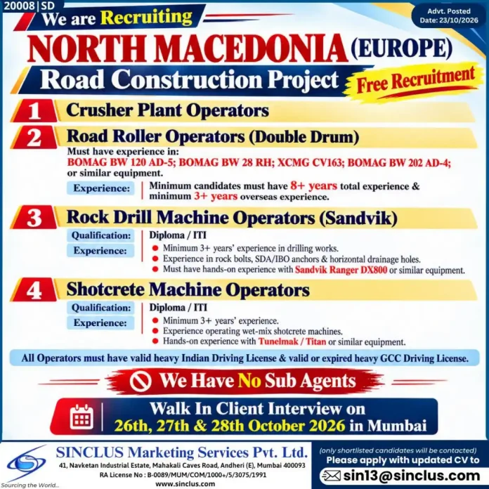 SINCLUS recruitment for road construction operators in North Macedonia walk-in interview Mumbai October 2026