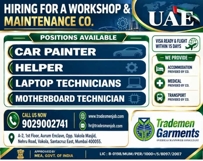 Workshop and maintenance jobs in UAE recruitment for car painter, helper and laptop technicians