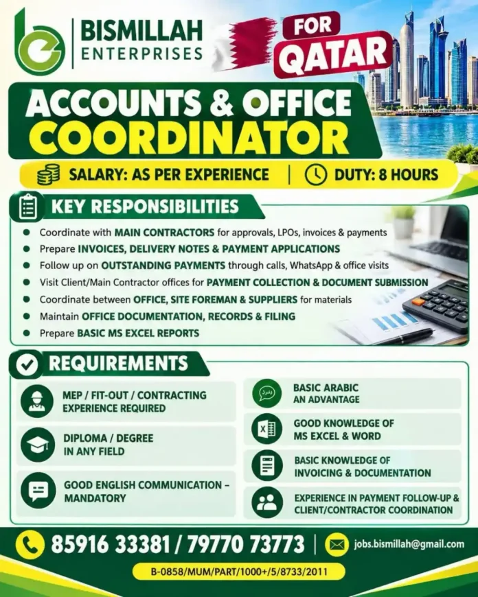 Accounts & Office Coordinator job vacancy in Qatar with Bismillah Enterprises