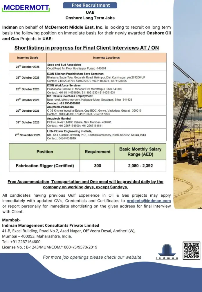 McDermott Free Recruitment UAE Fabrication Rigger Certified Onshore Oil and Gas Jobs
