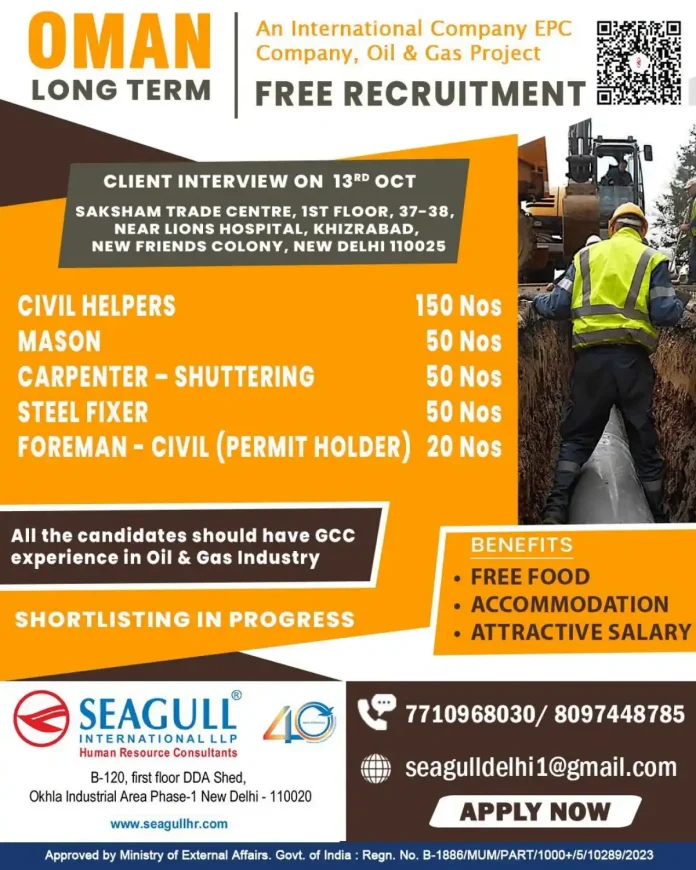 Oman Oil and Gas EPC Project Jobs for Civil Helpers, Mason, Carpenter, Steel Fixer and Foreman