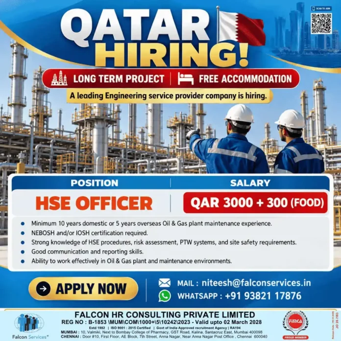 HSE Officer job in Qatar with free accommodation and food allowance - Falcon Services