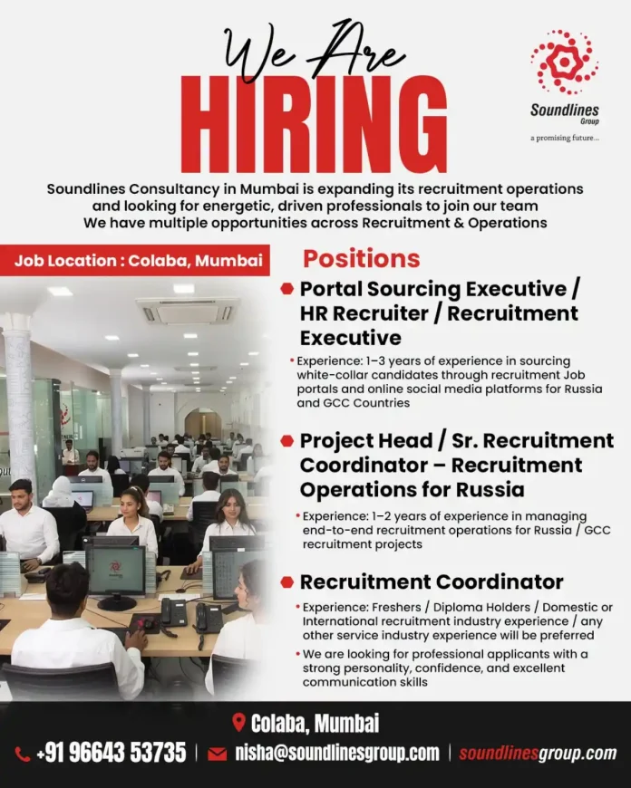 Soundlines Group hiring recruitment and operations jobs in Colaba Mumbai