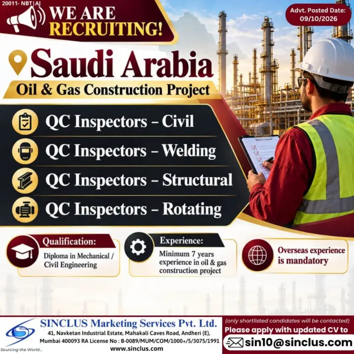 QC Inspector jobs in Saudi Arabia for oil and gas construction project