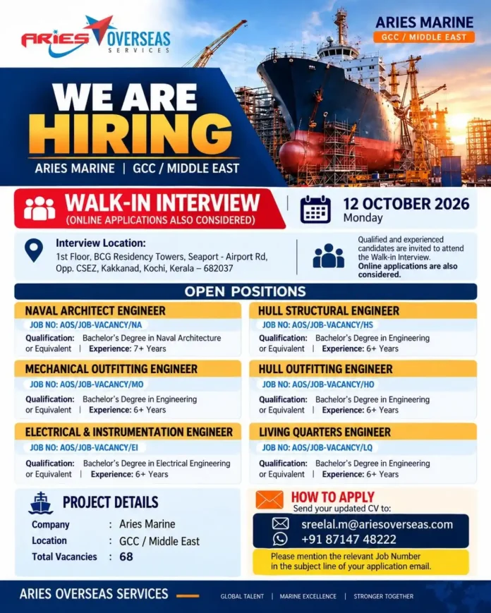 Aries Overseas Services hiring for Aries Marine GCC Middle East walk-in interview in Kochi