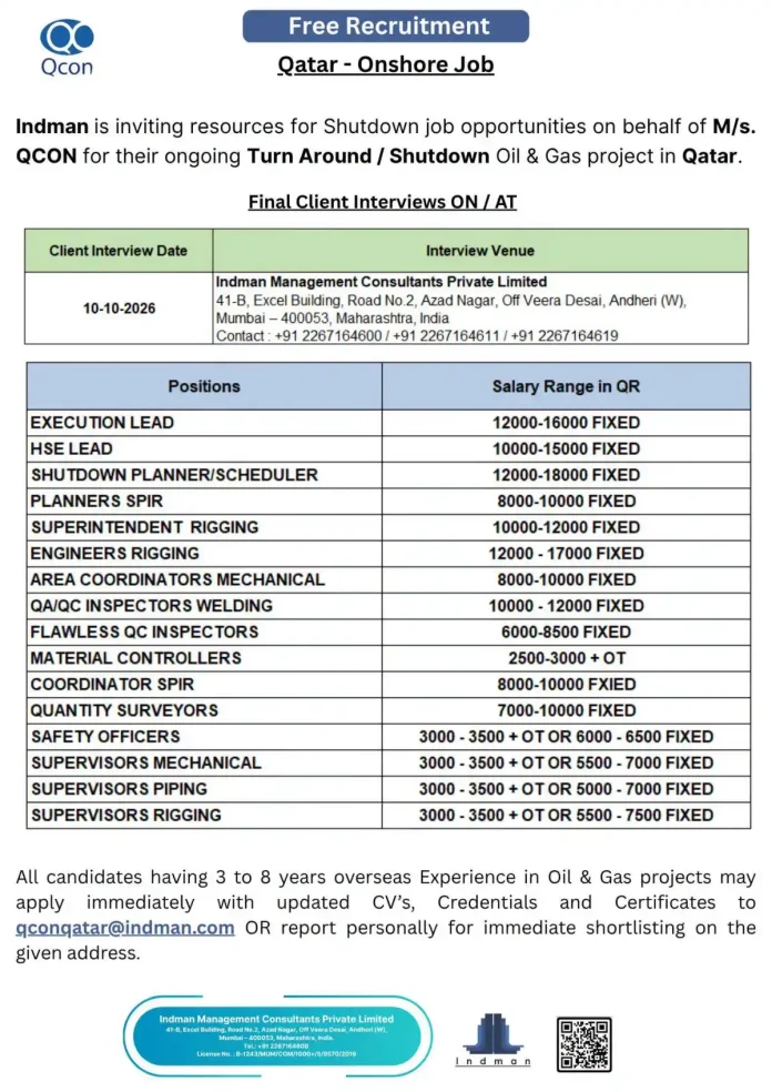 QCON Qatar Shutdown Jobs 2026 walk-in interview in Mumbai for Oil & Gas project