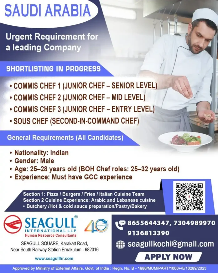 Chef jobs in Saudi Arabia hiring Commis Chef and Sous Chef