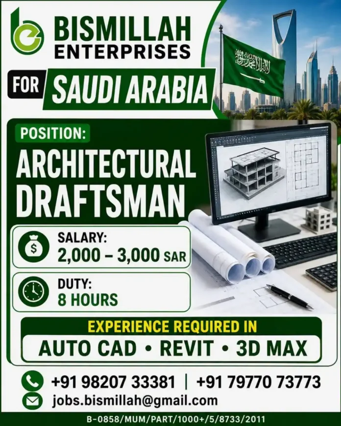Architectural Draftsman job in Saudi Arabia with AutoCAD Revit 3D Max